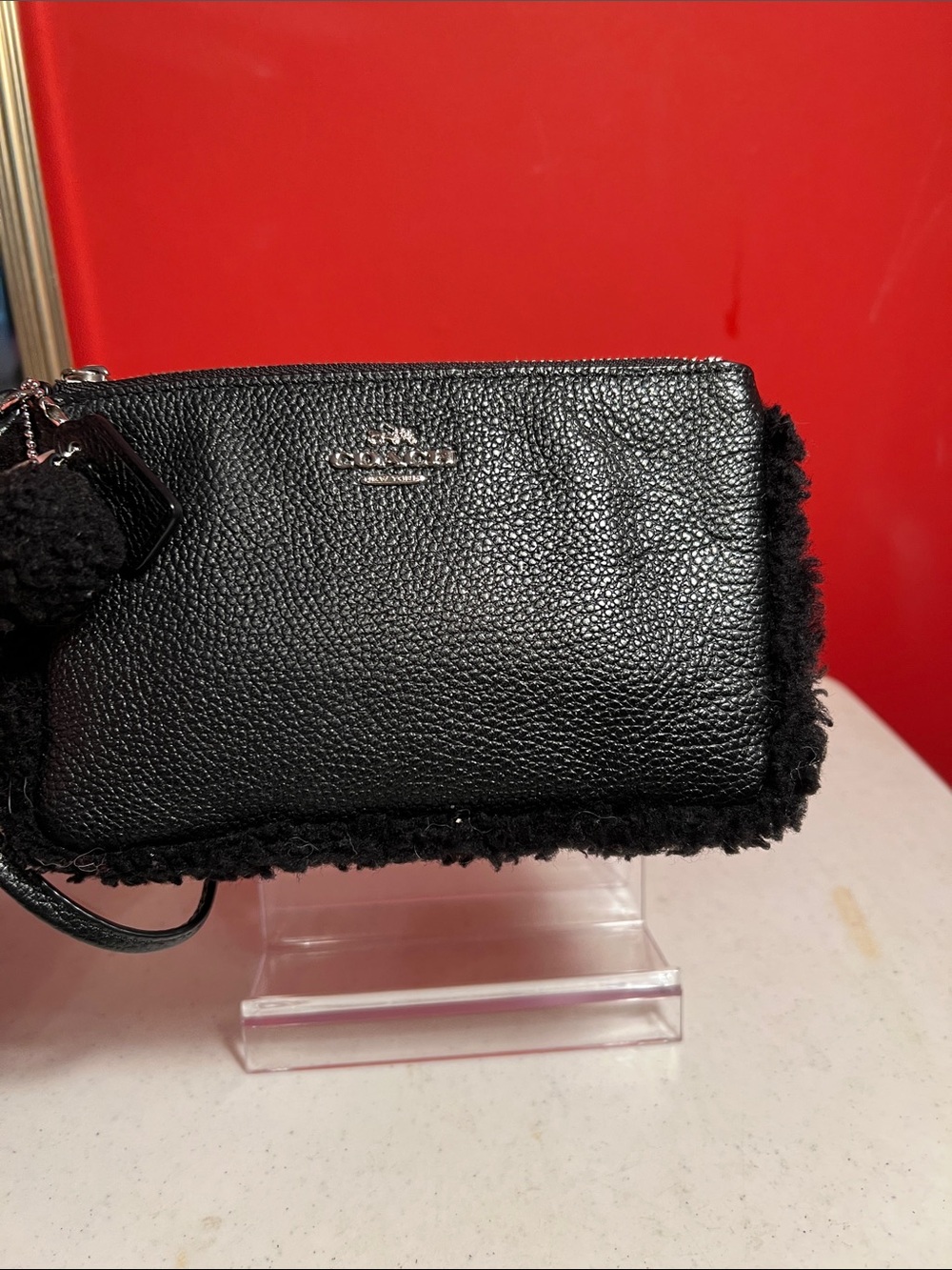 Coach Black Pebbled Leather Shearling-Trim Wristlet - Picture 2 of 14